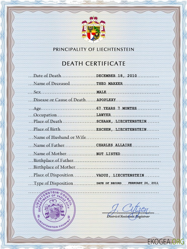 Modèle PSD de certificat de décès de l'état civil du Liechtenstein